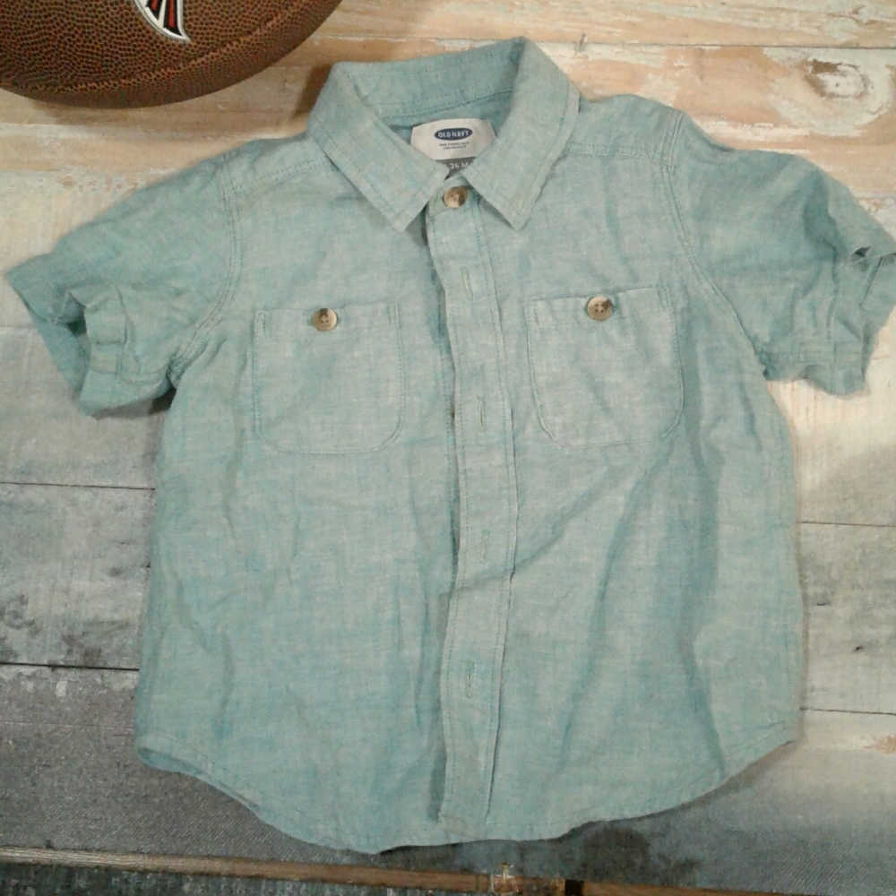 Blue old navy button up shirt.